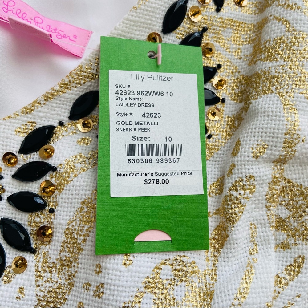 Lilly Pulitzer‎ Laidle Dress Women’s 10 Gold Metallic Shift Beaded V-Neck - Picture 9 of 15
